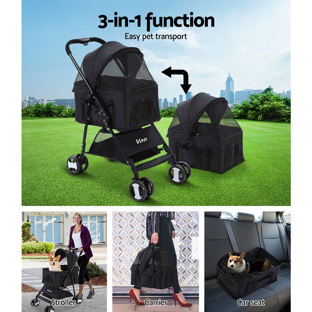 i.Pet Pet Stroller Dog Pram Cat Carrier Travel Large Pushchair Foldable 4 Wheels Black-Pet Care &gt; Dog Supplies-PEROZ Accessories