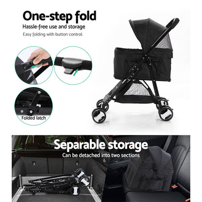 i.Pet Pet Stroller Dog Pram Cat Carrier Travel Large Pushchair Foldable 4 Wheels Black-Pet Care &gt; Dog Supplies-PEROZ Accessories