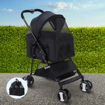 i.Pet Pet Stroller Dog Pram Cat Carrier Travel Large Pushchair Foldable 4 Wheels Black-Pet Care &gt; Dog Supplies-PEROZ Accessories