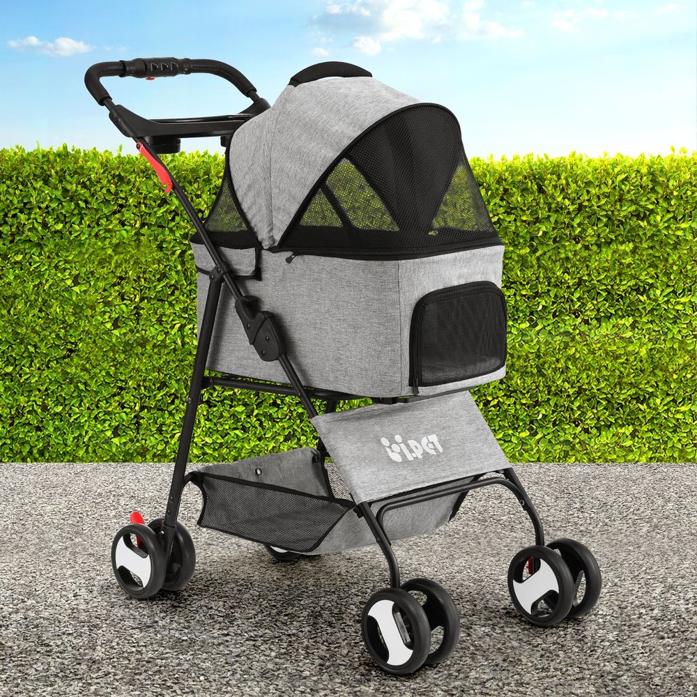i.Pet Pet Stroller Dog Pram Cat Carrier Travel Large Pushchair Foldable 4 Wheels Grey-Pet Care > Cat Supplies > Cat Carriers &amp; Crates-PEROZ Accessories