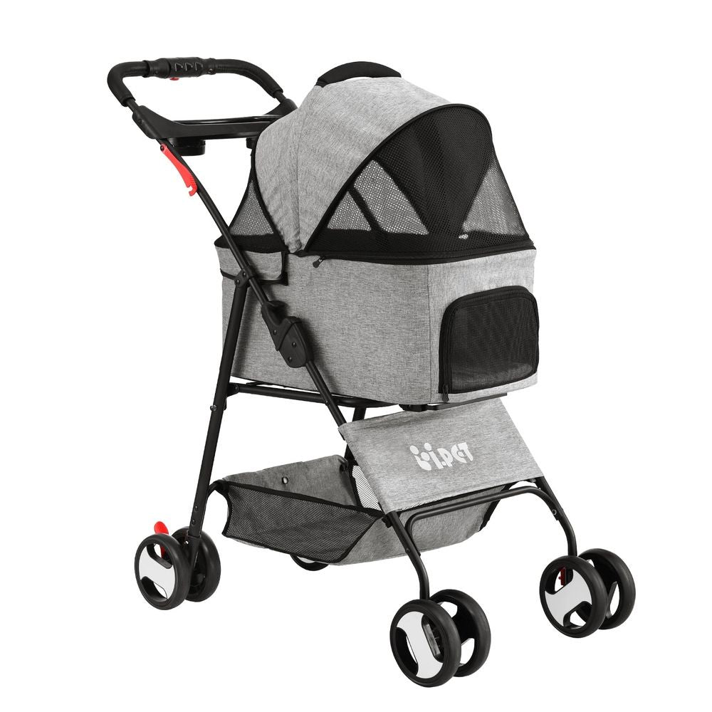 i.Pet Pet Stroller Dog Pram Cat Carrier Travel Large Pushchair Foldable 4 Wheels Grey-Pet Care > Cat Supplies > Cat Carriers &amp; Crates-PEROZ Accessories