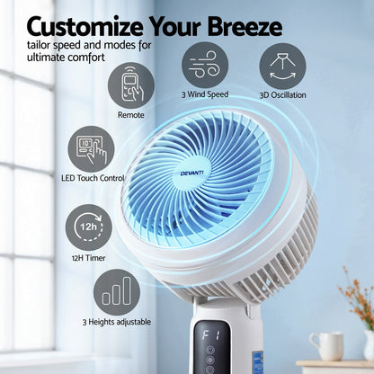 Devanti Pedestal Fan W/ Remote 3 Speed 12H Timer Height Adjustable Cooling Fan-Appliances &gt; Fans &gt; Portable Fans-PEROZ Accessories