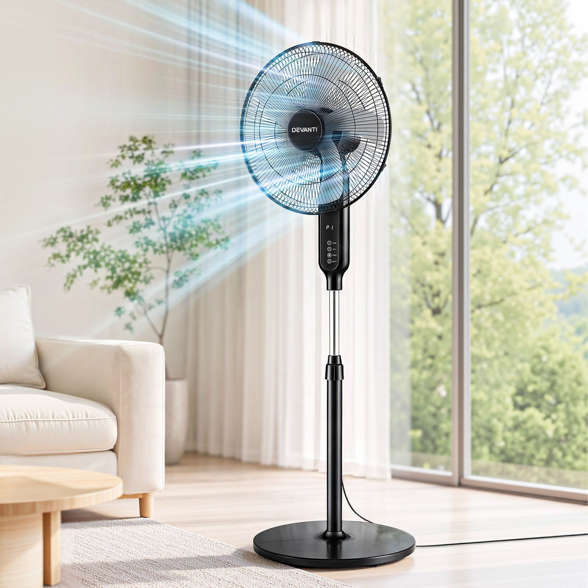 DEVANTI 16" Pedestal Fan with Remote 3 Speeds 8H Timer, Black-Appliances > Fans > Portable Fans-PEROZ Accessories