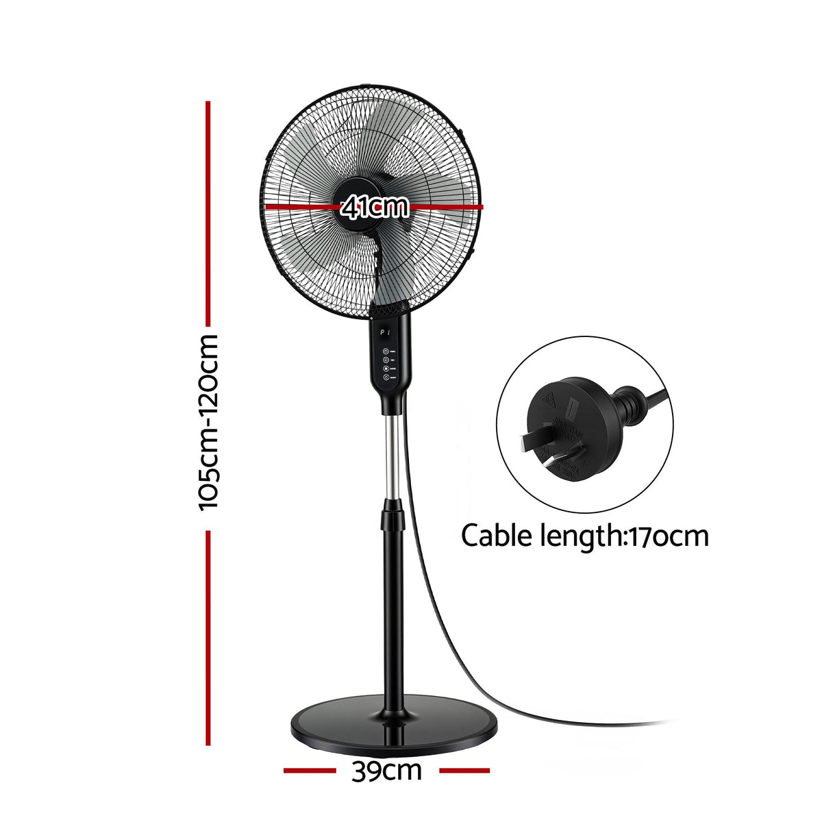 DEVANTI 16" Pedestal Fan with Remote 3 Speeds 8H Timer, Black-Appliances > Fans > Portable Fans-PEROZ Accessories