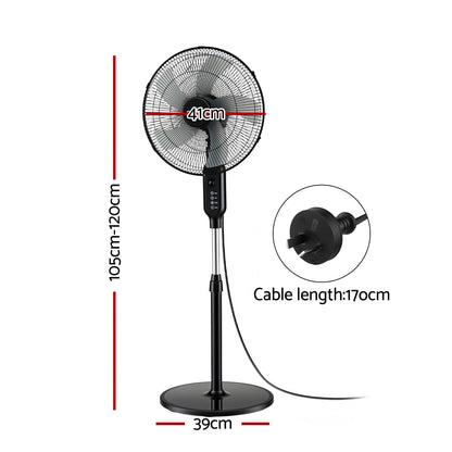 DEVANTI 16" Pedestal Fan with Remote 3 Speeds 8H Timer, Black-Appliances > Fans > Portable Fans-PEROZ Accessories