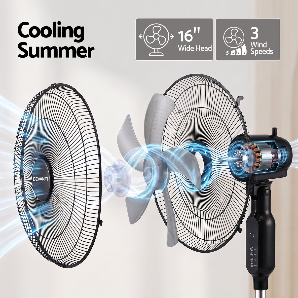 DEVANTI 16" Pedestal Fan with Remote 3 Speeds 8H Timer, Black-Appliances > Fans > Portable Fans-PEROZ Accessories