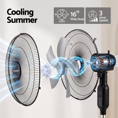 DEVANTI 16" Pedestal Fan with Remote 3 Speeds 8H Timer, Black-Appliances > Fans > Portable Fans-PEROZ Accessories