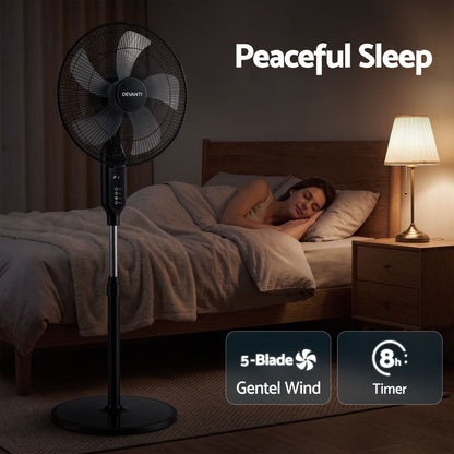 DEVANTI 16" Pedestal Fan with Remote 3 Speeds 8H Timer, Black-Appliances > Fans > Portable Fans-PEROZ Accessories