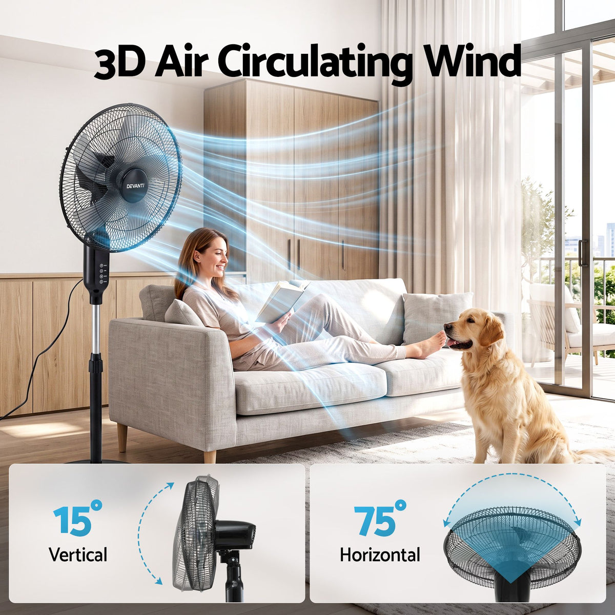 DEVANTI 16" Pedestal Fan with Remote 3 Speeds 8H Timer, Black-Appliances > Fans > Portable Fans-PEROZ Accessories
