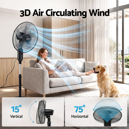 DEVANTI 16" Pedestal Fan with Remote 3 Speeds 8H Timer, Black-Appliances > Fans > Portable Fans-PEROZ Accessories