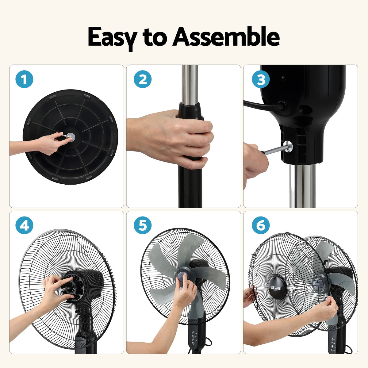 DEVANTI 16" Pedestal Fan with Remote 3 Speeds 8H Timer, Black-Appliances > Fans > Portable Fans-PEROZ Accessories
