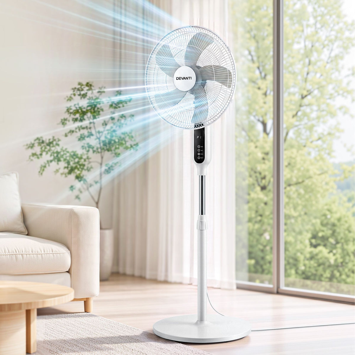 DEVANTI 16" Pedestal Fan with Remote 3 Speeds 8H Timer, White-Appliances > Fans > Portable Fans-PEROZ Accessories