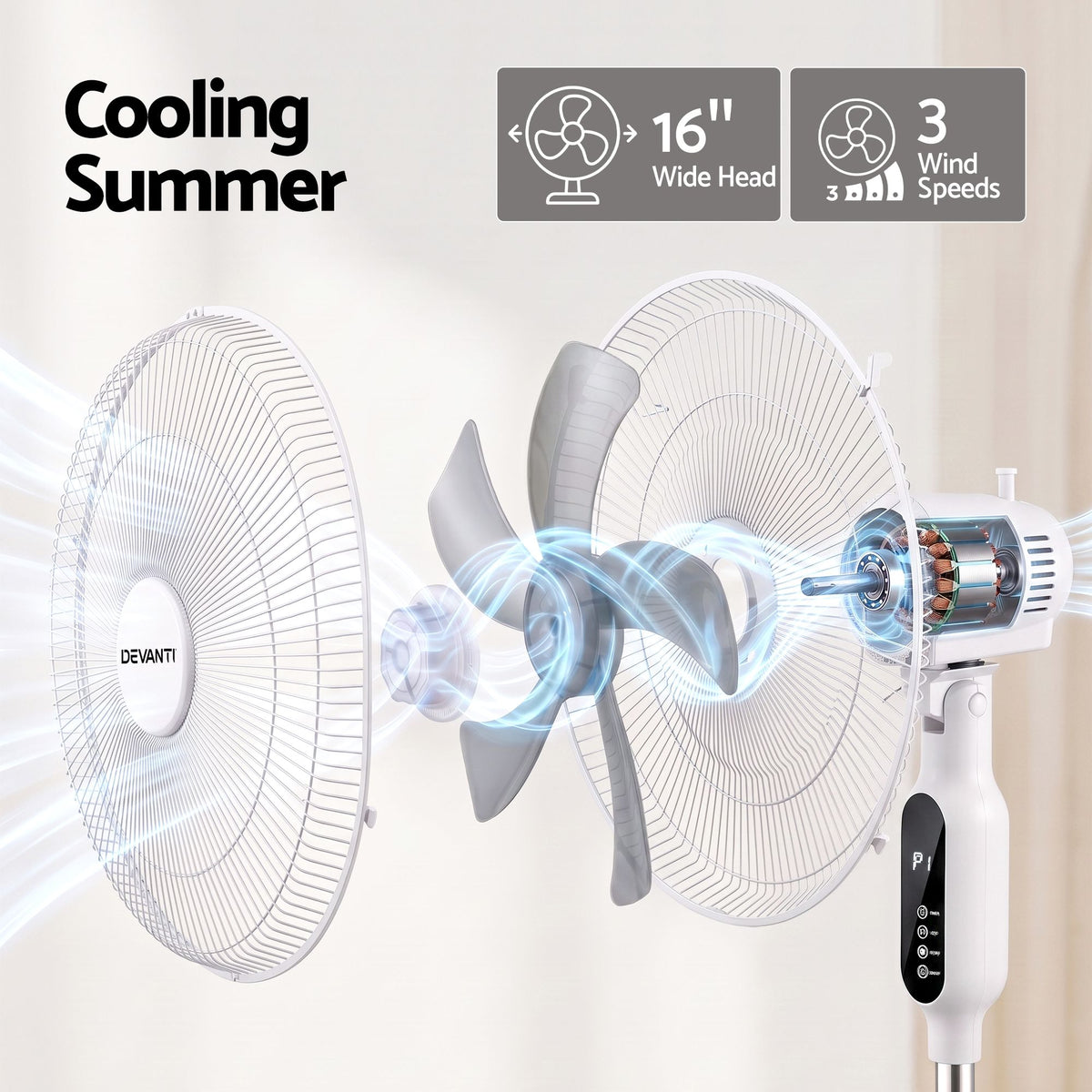 DEVANTI 16" Pedestal Fan with Remote 3 Speeds 8H Timer, White-Appliances > Fans > Portable Fans-PEROZ Accessories