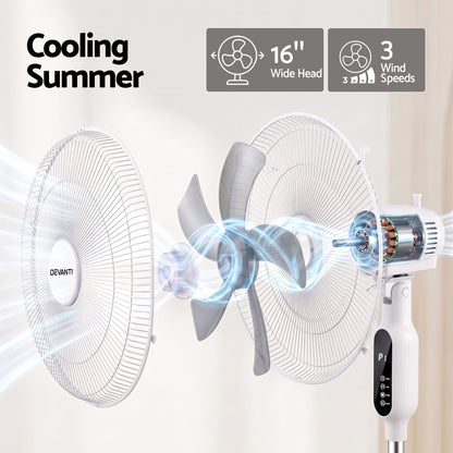 DEVANTI 16" Pedestal Fan with Remote 3 Speeds 8H Timer, White-Appliances > Fans > Portable Fans-PEROZ Accessories