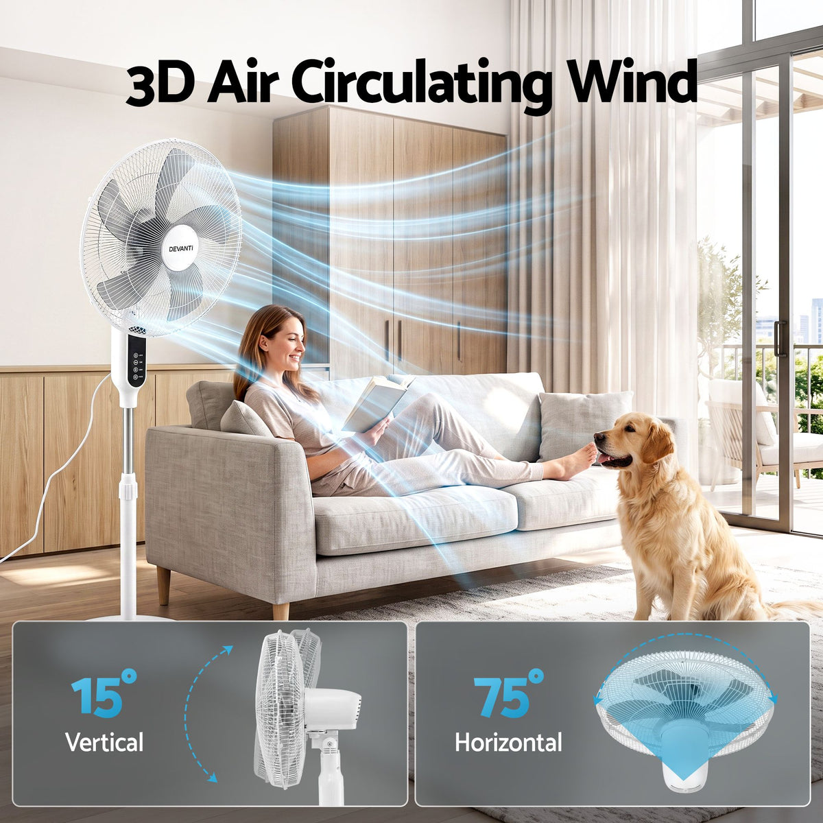 DEVANTI 16" Pedestal Fan with Remote 3 Speeds 8H Timer, White-Appliances > Fans > Portable Fans-PEROZ Accessories