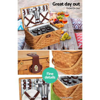 Alfresco 4 Person Picnic Basket Set Wooden Blanket Bag Insulated-Picnic Baskets-PEROZ Accessories