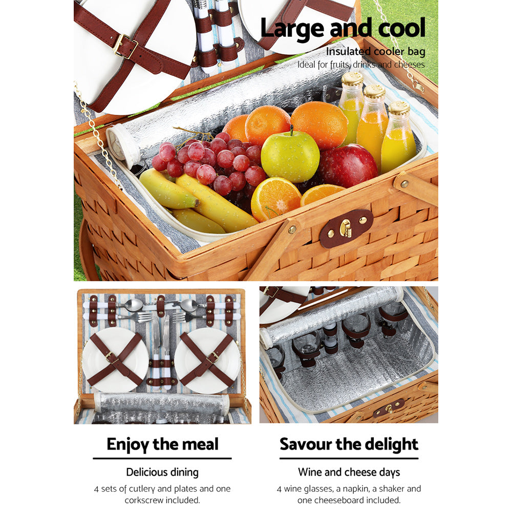 Alfresco 4 Person Picnic Basket Set Wooden Blanket Bag Insulated-Picnic Baskets-PEROZ Accessories