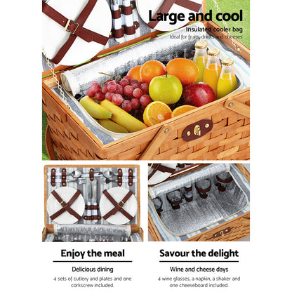 Alfresco 4 Person Picnic Basket Set Wooden Blanket Bag Insulated-Picnic Baskets-PEROZ Accessories