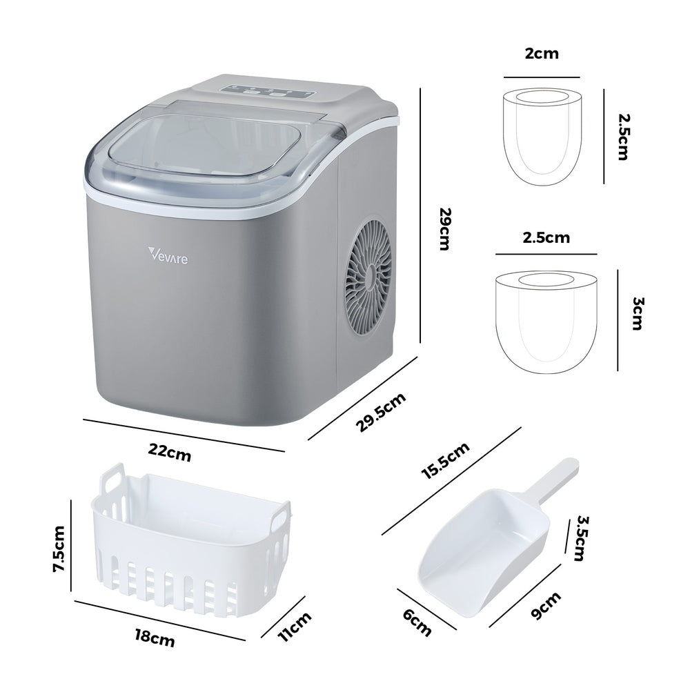 Vevare Portable Ice Maker Machine Ice Cube Tray 12kg Grey-Ice Makers-PEROZ Accessories