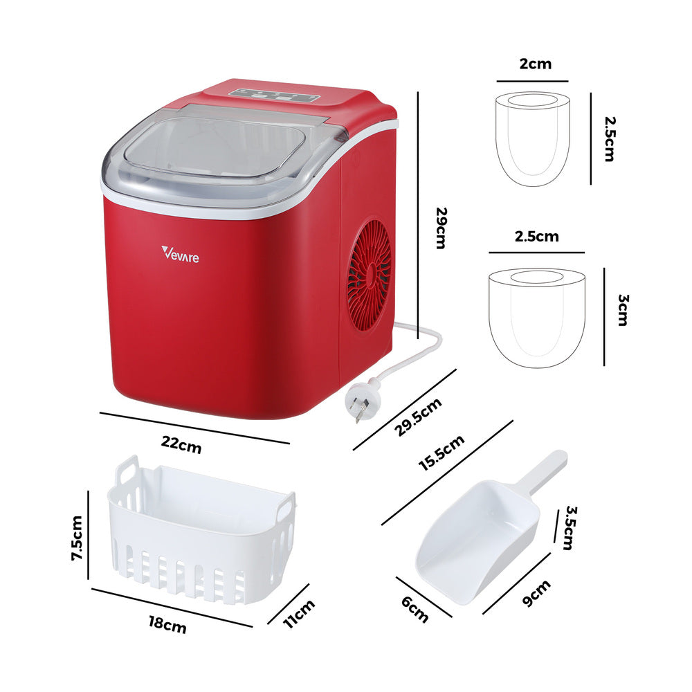 Vevare Portable Ice Maker Machine Ice Cube Tray 12kg Red-Ice Makers-PEROZ Accessories