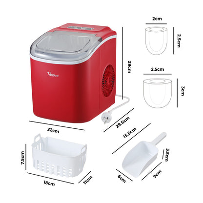 Vevare Portable Ice Maker Machine Ice Cube Tray 12kg Red-Ice Makers-PEROZ Accessories
