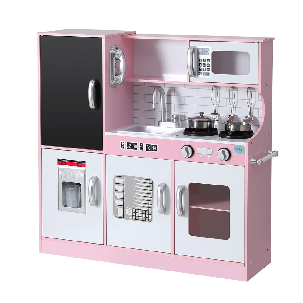 Keezi Kids Wooden Pretend Kitchen Play Set Cooking Toys Pot Ice Cup Oven Blackboard 80CM Pink-Baby &amp; Kids &gt; Baby &amp; Kid&