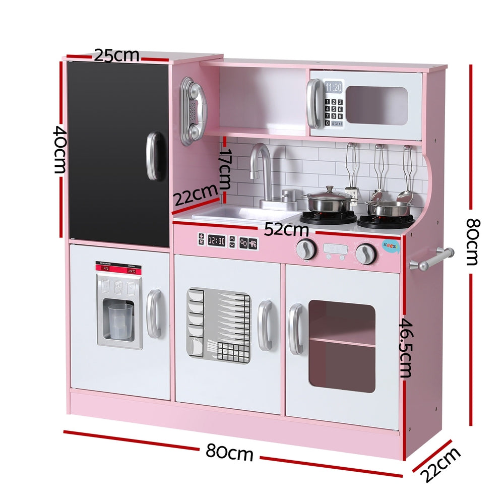 Keezi Kids Wooden Pretend Kitchen Play Set Cooking Toys Pot Ice Cup Oven Blackboard 80CM Pink-Baby &amp; Kids &gt; Baby &amp; Kid&