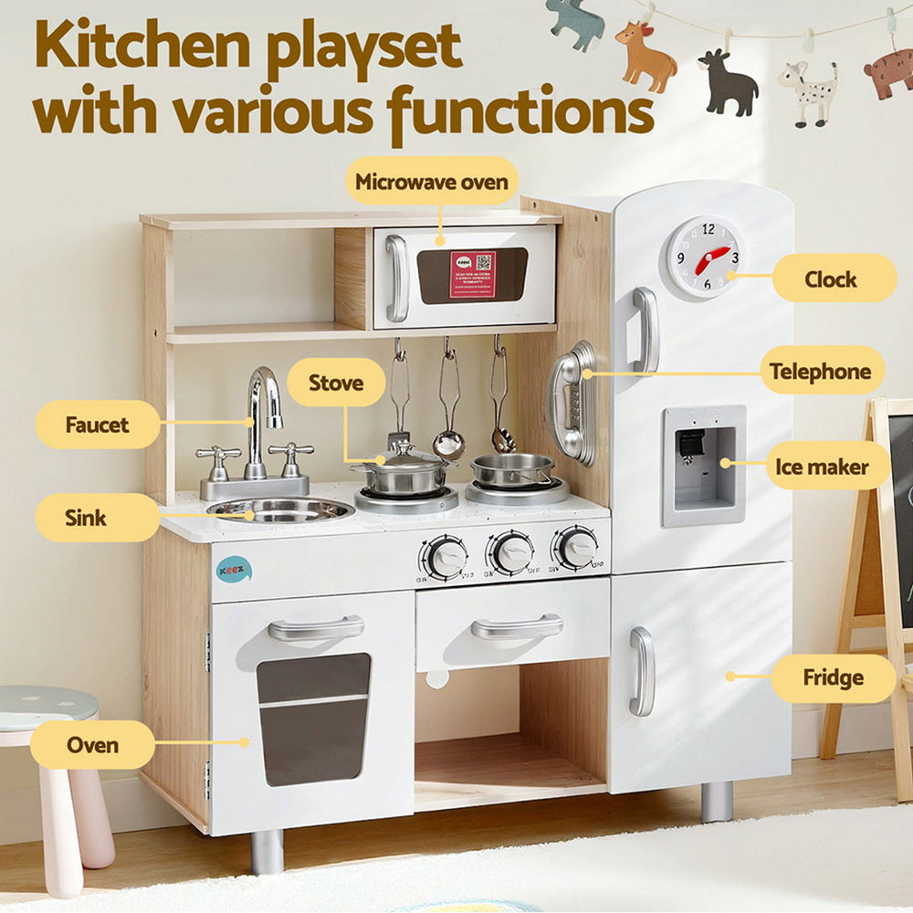 Keezi Kids Kitchen Play Set Wooden Pretend Toys Cooking Children Clock Beige-Baby &amp; Kids &gt; Baby &amp; Kid&