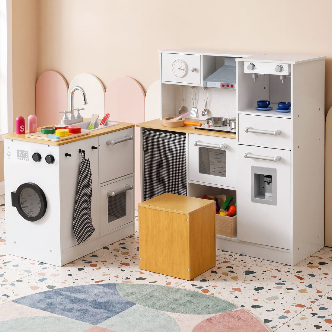 Keezi Kids Wooden Kitchen Playset 2-piece Pretend Toy Kitchen 29pc Food Set-Baby &amp; Kids > Baby &amp; Kid&