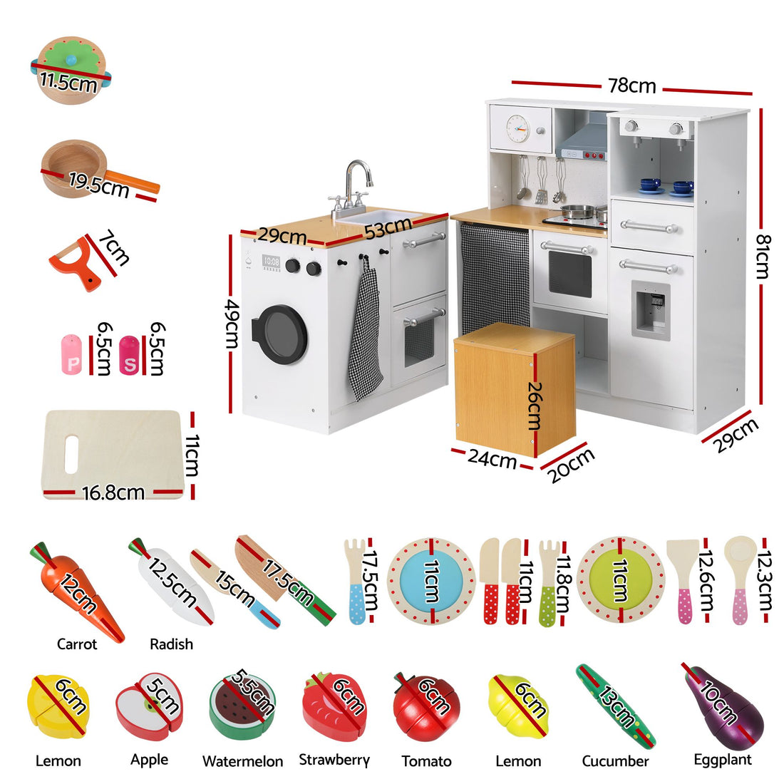 Keezi Kids Wooden Kitchen Playset 2-piece Pretend Toy Kitchen 29pc Food Set-Baby &amp; Kids > Baby &amp; Kid&