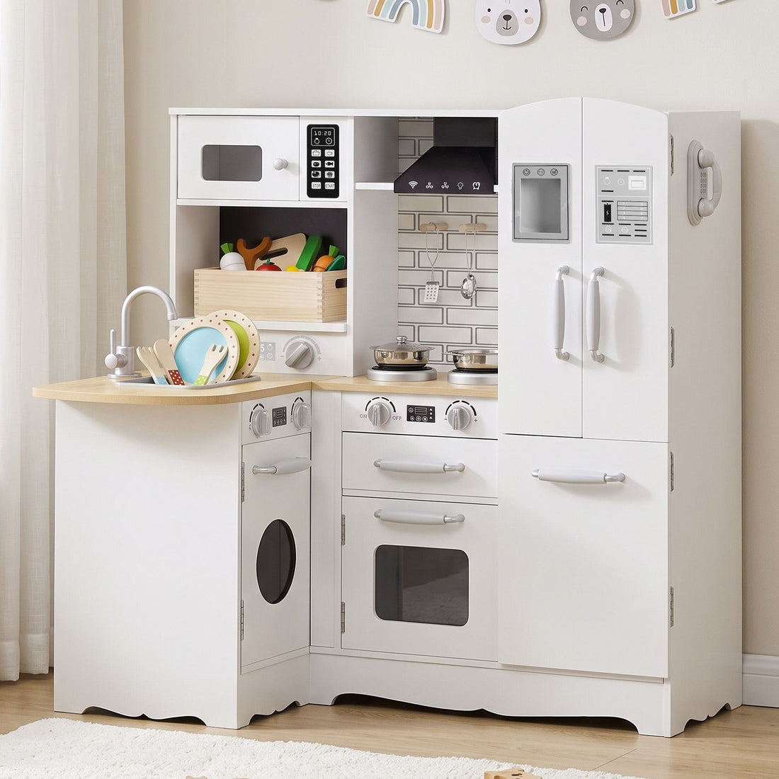 Keezi Kids Wooden Toy Kitchen with 29pc Play Food and Cookware Set-Baby &amp; Kids > Baby &amp; Kid&
