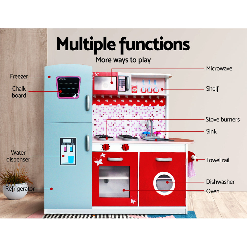 Keezi Kids Kitchen Play Set Wooden Pretend Toys Cooking Children Fridge Oven Red-Toy Kitchen Sets-PEROZ Accessories