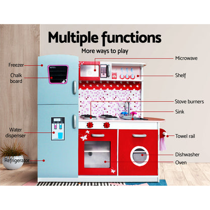 Keezi Kids Kitchen Play Set Wooden Pretend Toys Cooking Children Fridge Oven Red-Toy Kitchen Sets-PEROZ Accessories