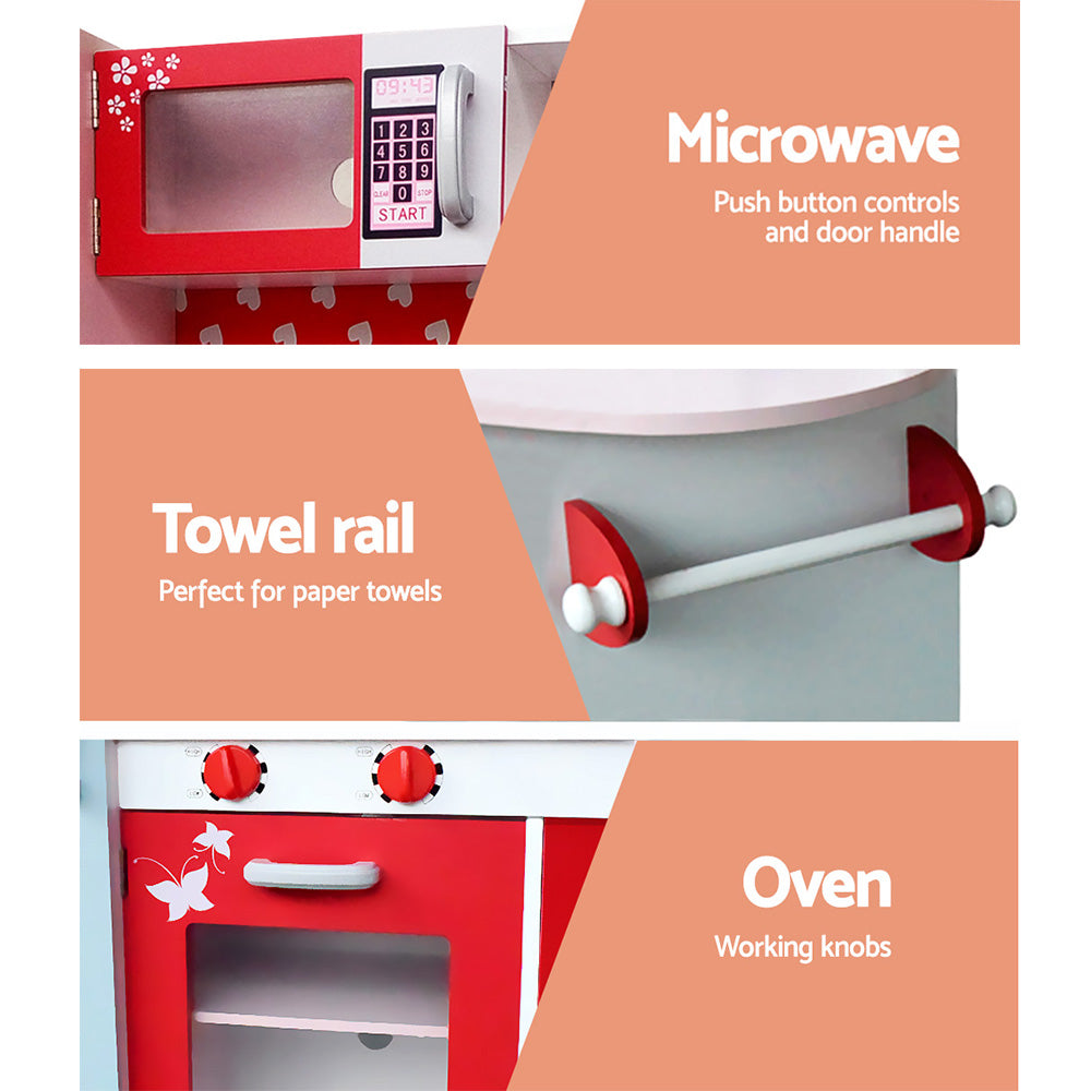Keezi Kids Kitchen Play Set Wooden Pretend Toys Cooking Children Fridge Oven Red-Toy Kitchen Sets-PEROZ Accessories