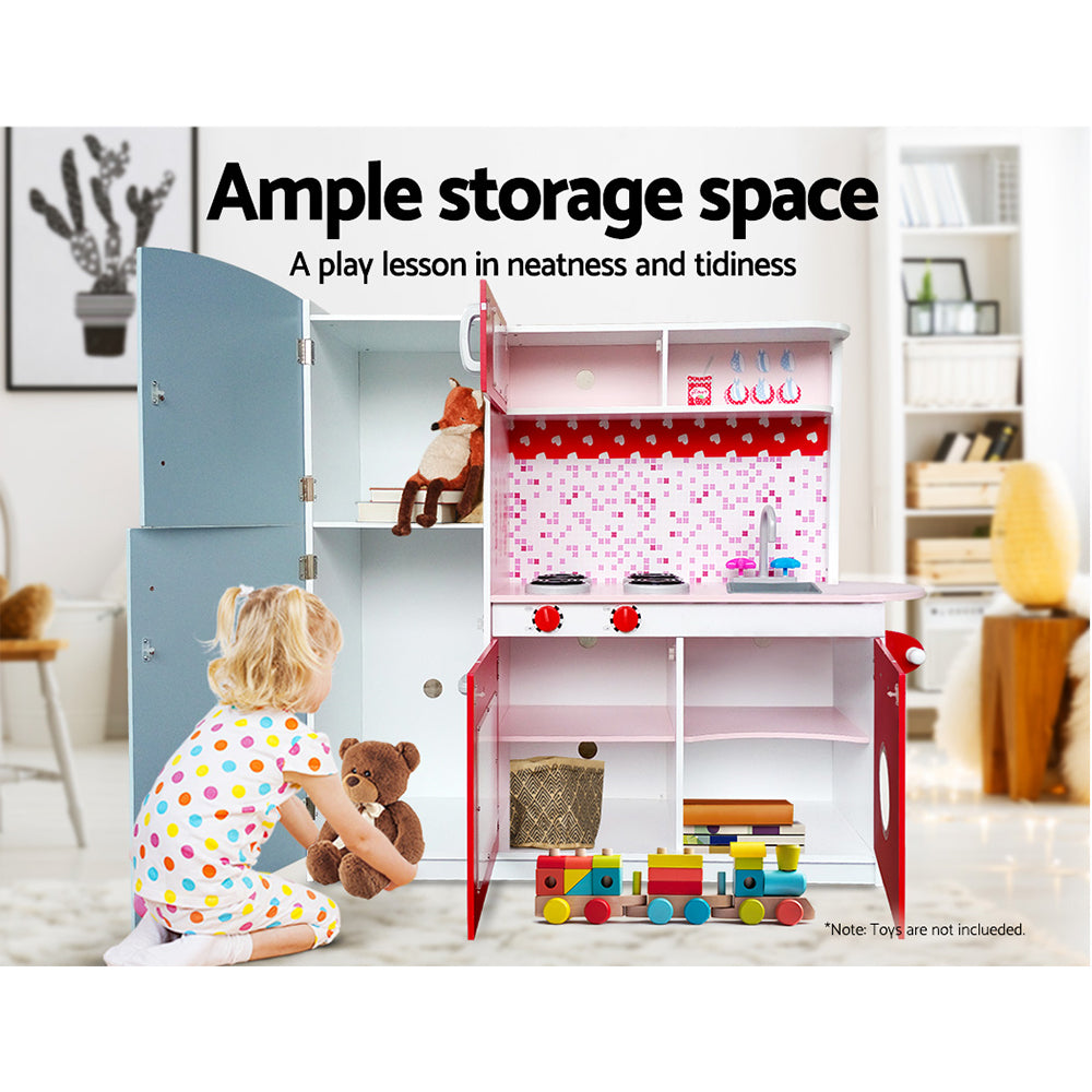 Keezi Kids Kitchen Play Set Wooden Pretend Toys Cooking Children Fridge Oven Red-Toy Kitchen Sets-PEROZ Accessories