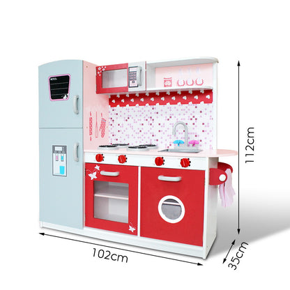 Keezi Kids Kitchen Play Set Wooden Pretend Toys Cooking Children Fridge Oven Red-Toy Kitchen Sets-PEROZ Accessories