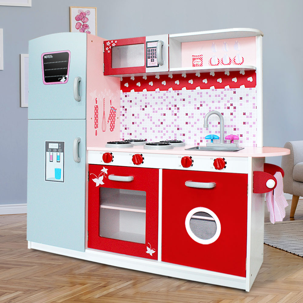 Keezi Kids Kitchen Play Set Wooden Pretend Toys Cooking Children Fridge Oven Red-Toy Kitchen Sets-PEROZ Accessories