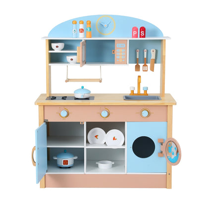 Keezi Kids Wooden Pretend Kitchen Play Sets Cooking Toys Pot Pan Bowls Oven Dishwasher 80CM Blue-Baby &amp; Kids &gt; Baby &amp; Kid&
