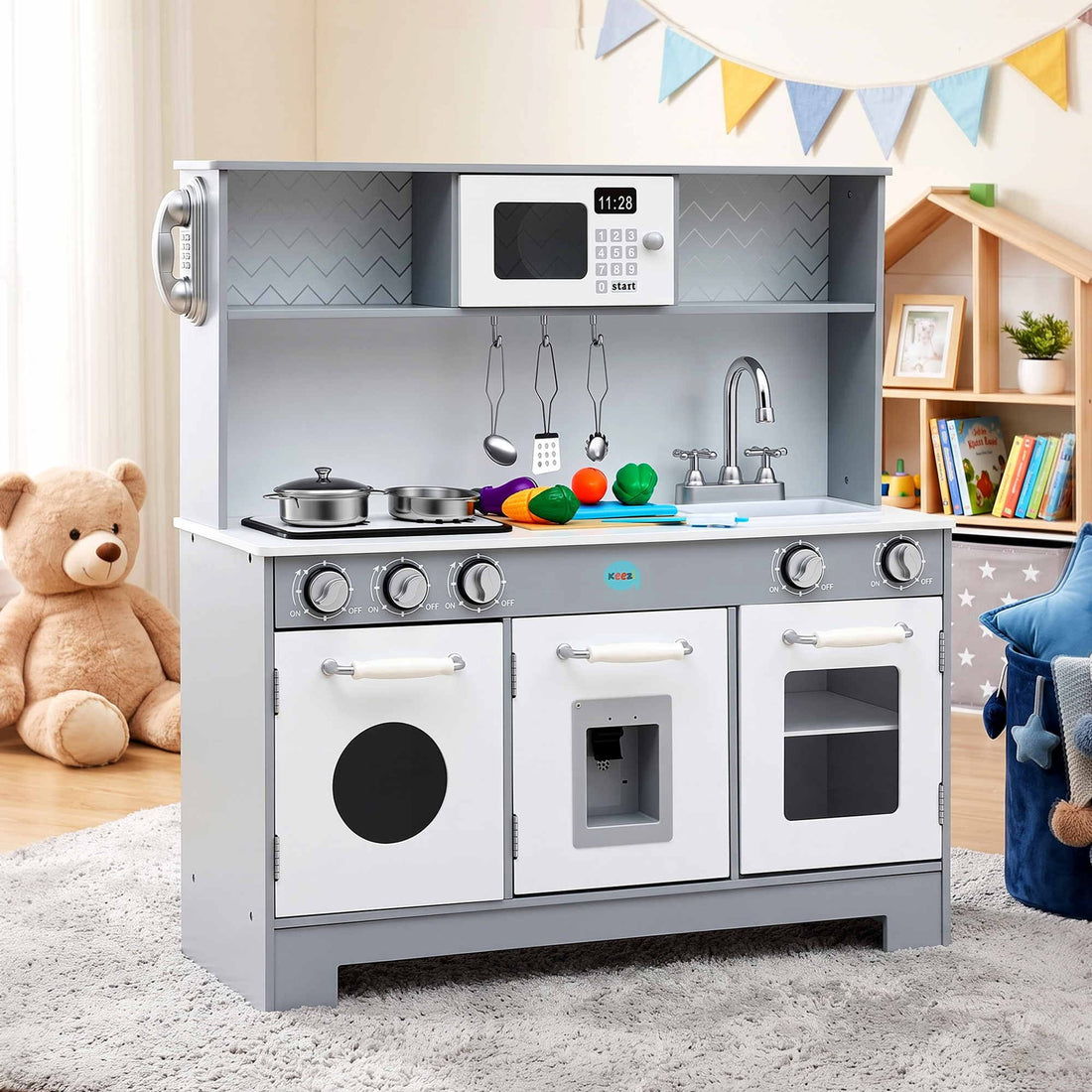 Keezi Wooden Play Kitchen Pretend Kitchen 82cm Kids Toy Food Set Grey-Baby &amp; Kids > Baby &amp; Kid&