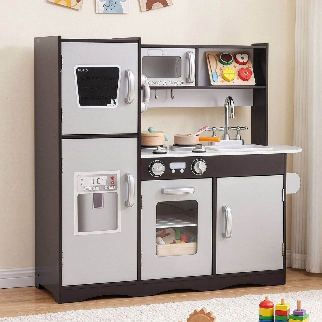 Keezi Kids Play Kitchen Pretend Toy Kitchen With Wooden Play Food Set-Baby &amp; Kids > Baby &amp; Kid&