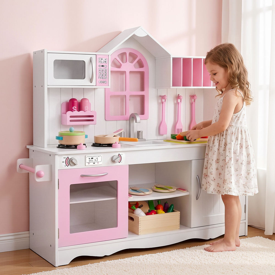 Keezi Wooden Kids Pretend Kitchen Playset with 29pc Food Set Pink White-Baby &amp; Kids > Baby &amp; Kid&