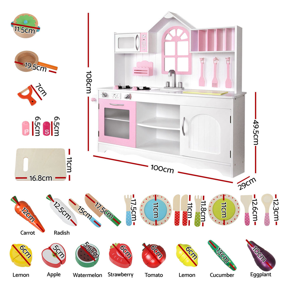 Keezi Wooden Kids Pretend Kitchen Playset with 29pc Food Set Pink White-Baby &amp; Kids > Baby &amp; Kid&