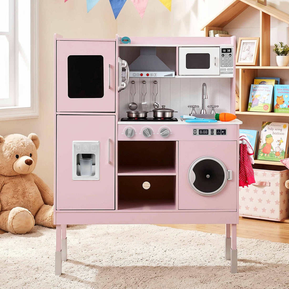 Keezi 102cm Wooden Pretend Kitchen Playset With Apron And Food Set1 Pink-Baby &amp; Kids > Baby &amp; Kid&