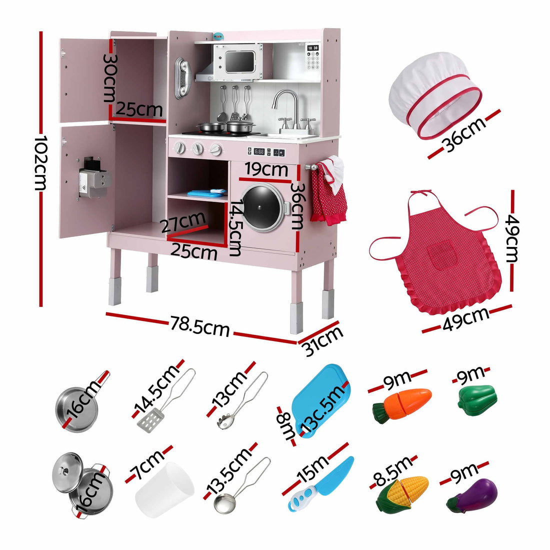 Keezi 102cm Wooden Pretend Kitchen Playset With Apron And Food Set1 Pink-Baby &amp; Kids > Baby &amp; Kid&