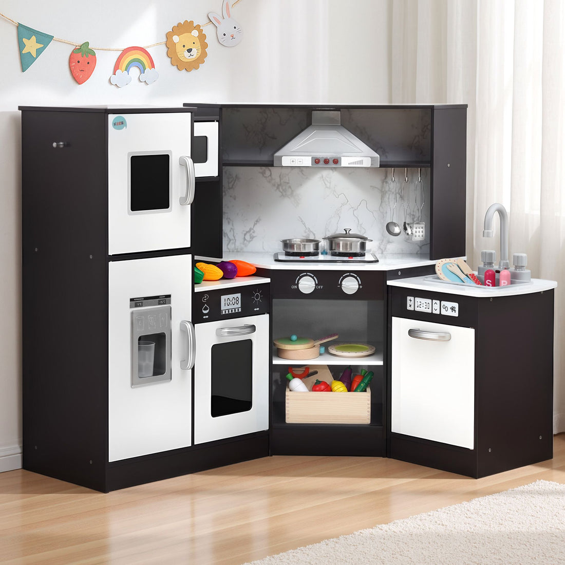 Keezi Kids Wooden Kitchen Playset 29pc Food Set Black White-Baby &amp; Kids > Baby &amp; Kid&