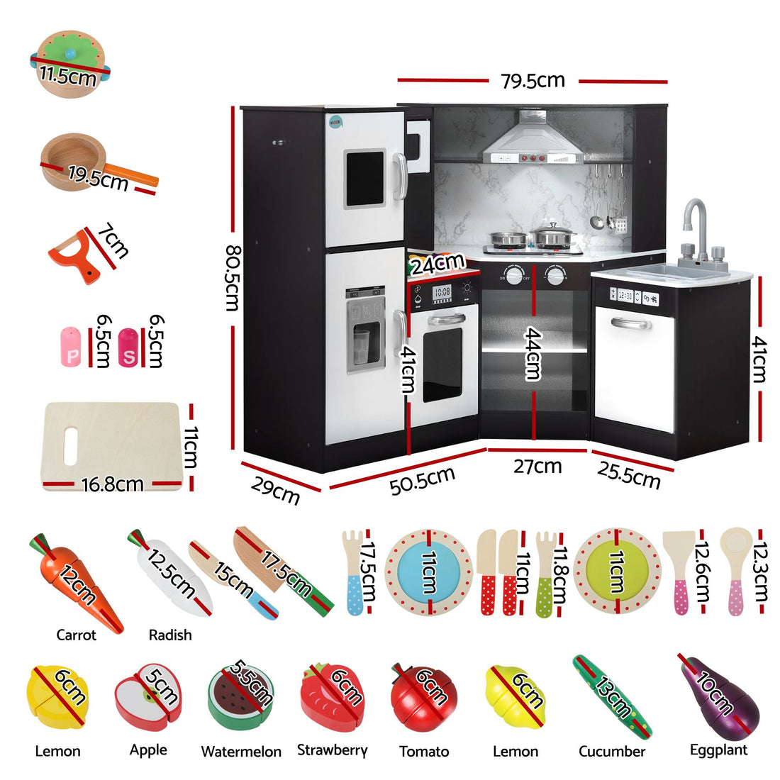 Keezi Kids Wooden Kitchen Playset 29pc Food Set Black White-Baby &amp; Kids > Baby &amp; Kid&