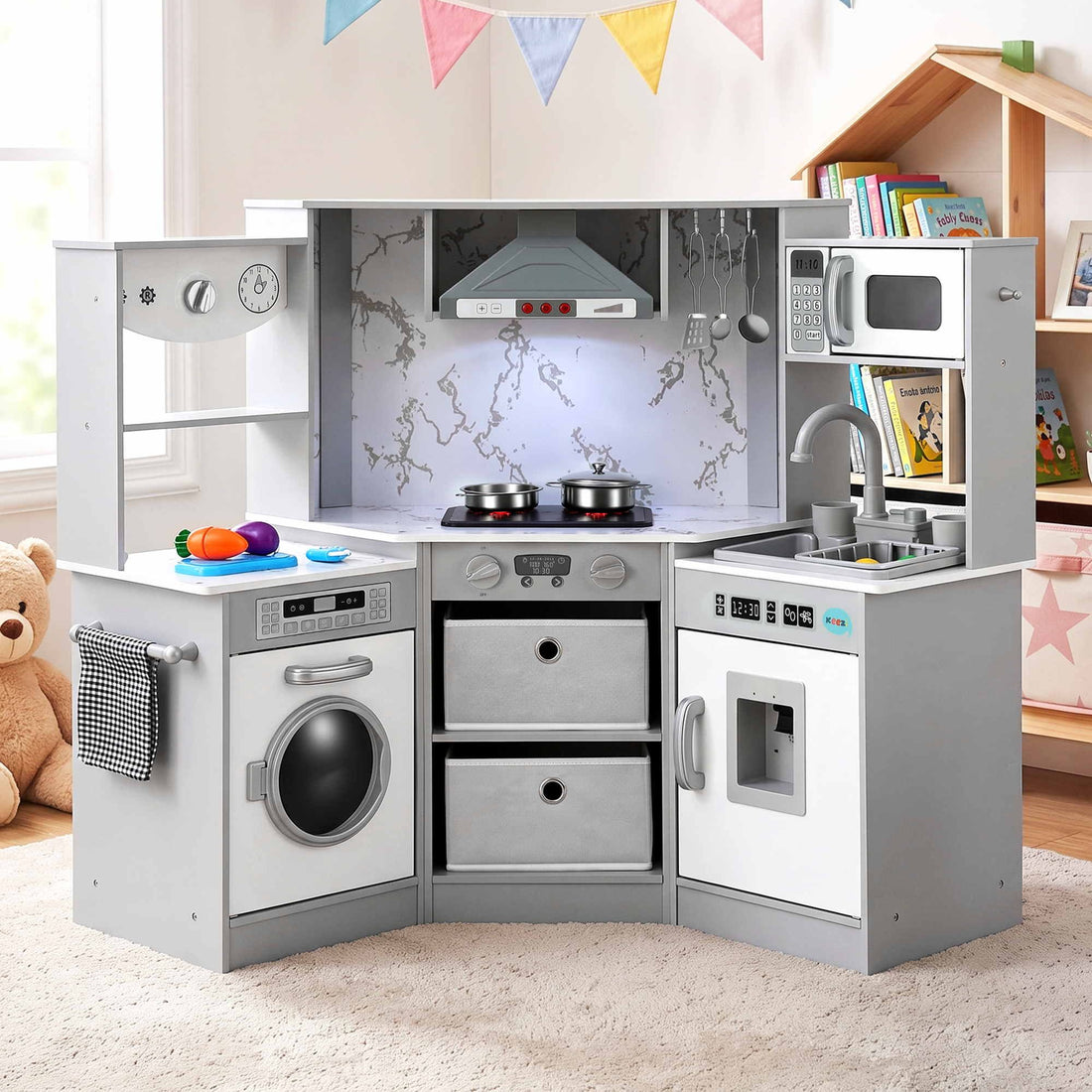Keezi 112cm Wooden Pretend Kitchen Playset Kids Toy Sink Stove Grey-Baby &amp; Kids > Baby &amp; Kid&