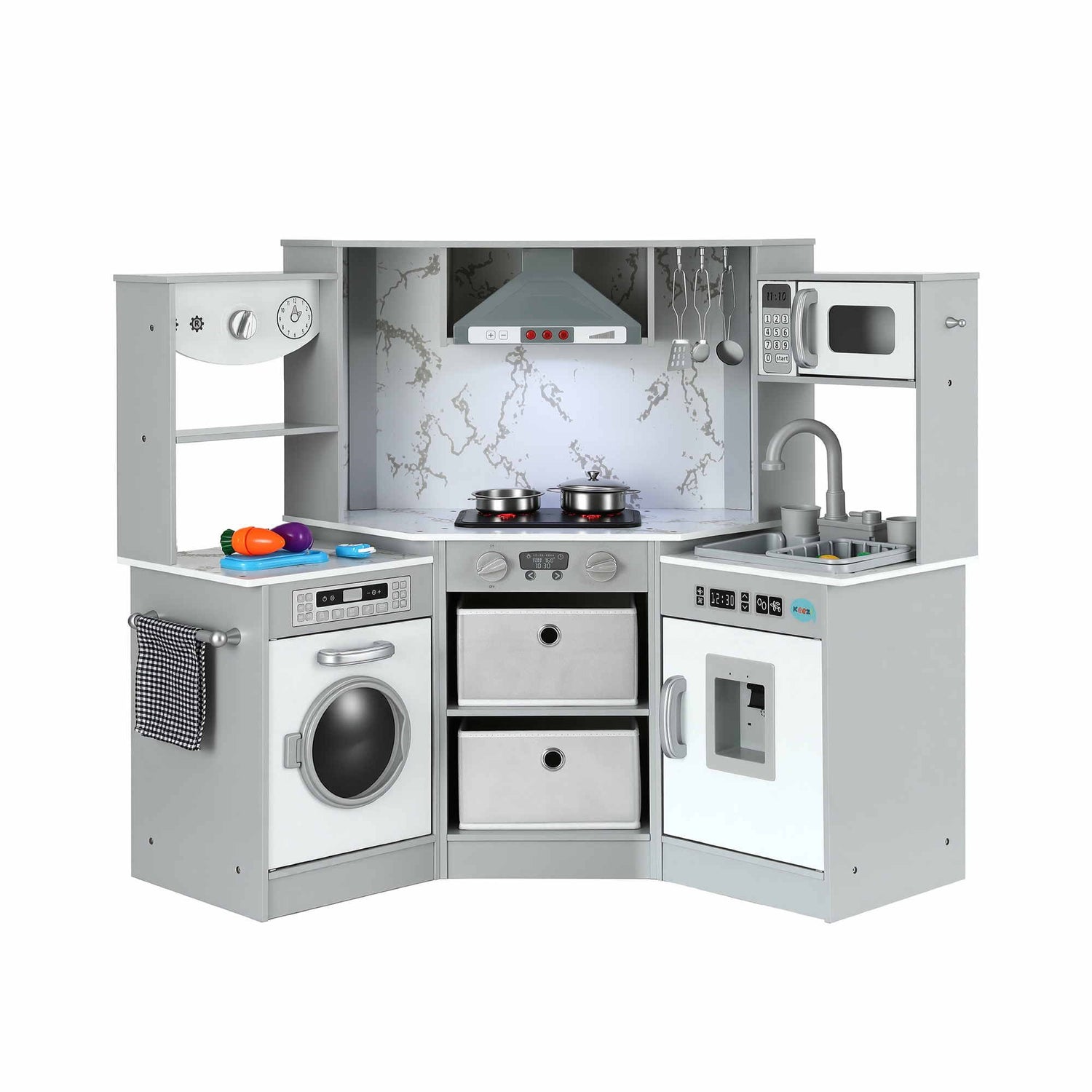 Keezi 112cm Wooden Pretend Kitchen Playset Kids Toy Sink Stove Grey