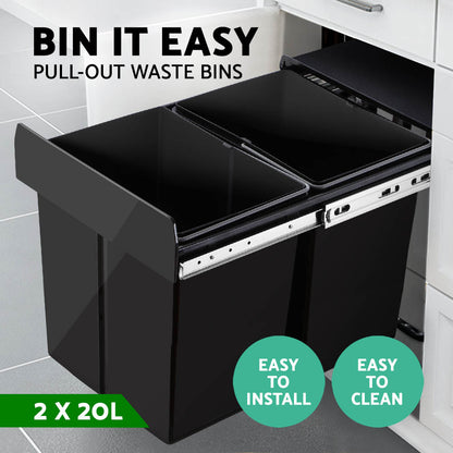 Cefito Pull Out Bin Kitchen Double Basket 2X20L Black-Home &amp; Garden &gt; Kitchen Bins &gt; Pull Out Bins-PEROZ Accessories