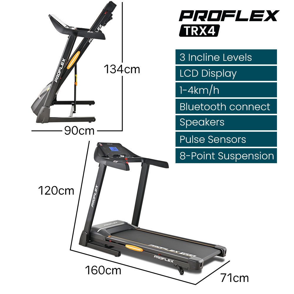 PROFLEX TRX4 Electric Treadmill, Medium Size, Foldable, Suspension, Bluetooth, USB/MP3, Pulse Sensors, Fitness Tracker-Walking Pad-PEROZ Accessories